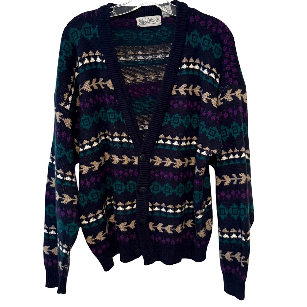 Sweater Graphix Women's Vintage Geometric Print Grandpa Cardigan in Size L